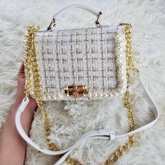 White Pearl + Gold Beaded Woven Mini Purse - Picture 2 of 10